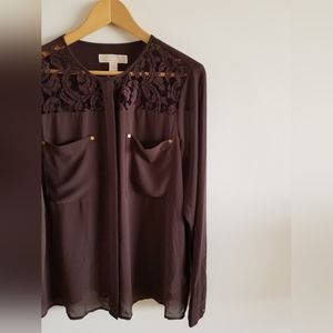 Michael Kors Button Bown semi Sheer Brown Lace Blouse - size L.